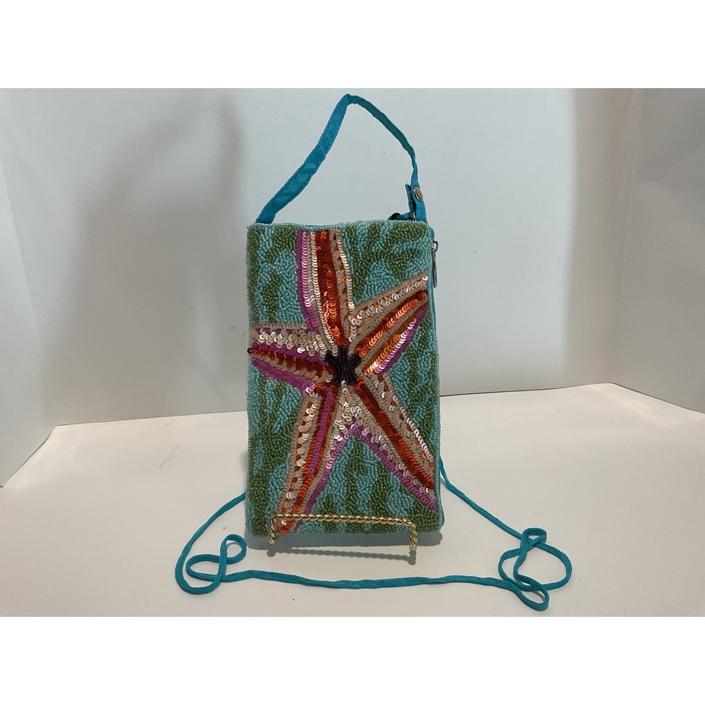 Bamboo Trading Company Club Bag Beaded Starfish Crossbody Wristlet Teal NWT